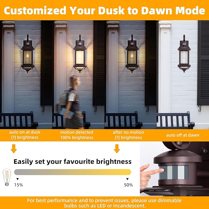 Motion Sensor Outdoor Lights Dusk to Dawn, 19 Inch Enclosed Bottom Anti-Rust Aluminum Oil Rubbed Bronze Porch Lighting Large Exterior Light Fixtures 2 Pack Outdoor Coach Lights for House