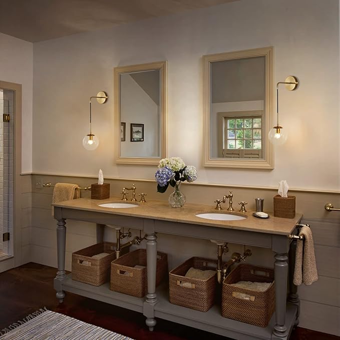 KCO Modern Glass Globe Wall Sconce Set of Two Minimalist Gold Wall Light Fixture with Adjustable Cord Brass Round Glass Wall Mounted Reading Lamp (Clear-2PC)