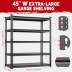 Heavy Duty Garage Shelving Unit 3000LBS, Adjustable 5-Tier Storage Rack with Boltless Design, 72" H X 45.2" W X 18.9" D Aluminum Metal Shelves for Basement, Garage & Warehouse Storage