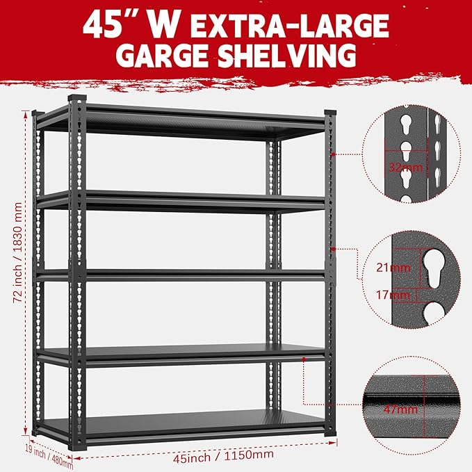 Heavy Duty Garage Shelving Unit 3000LBS, Adjustable 5-Tier Storage Rack with Boltless Design, 72" H X 45.2" W X 18.9" D Aluminum Metal Shelves for Basement, Garage & Warehouse Storage