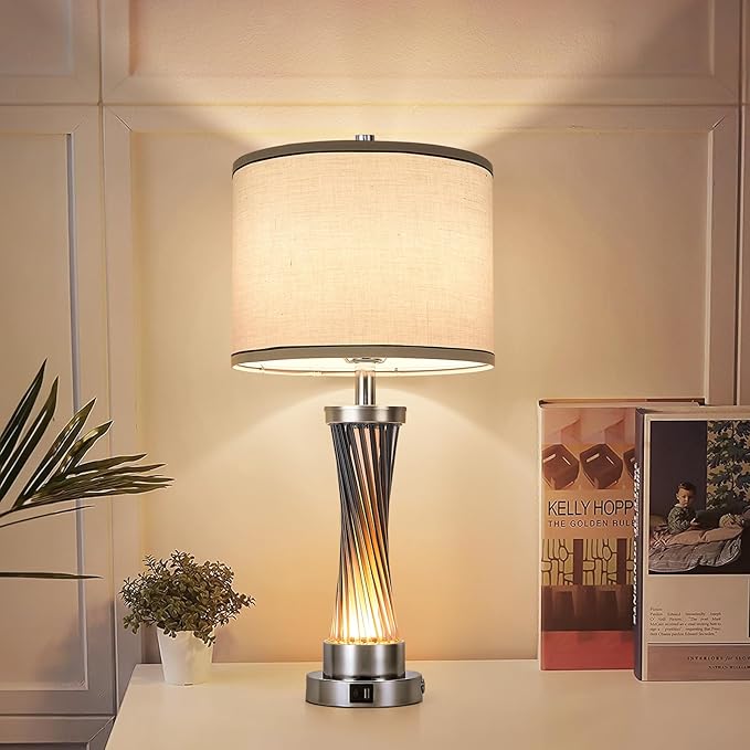 3-Way Dimmable Table Lamp Set of 2,Touch Control Lamp with Night Light,Modern Blue Crystal Table Lamps for Bedroom,Living Room，Bedside Lamps with USB A+C Ports，Fabric Lampshade(Blubs Included)