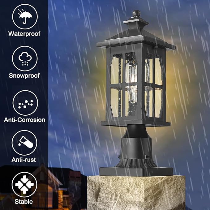 Darkaway Outdoor Post Lights, Exterior Post Lantern Lamp Waterproof Aluminum Housing Lamp with Seeded Glass, Fence Pole Deck Lighting for Garden Patio Pathway Driveway