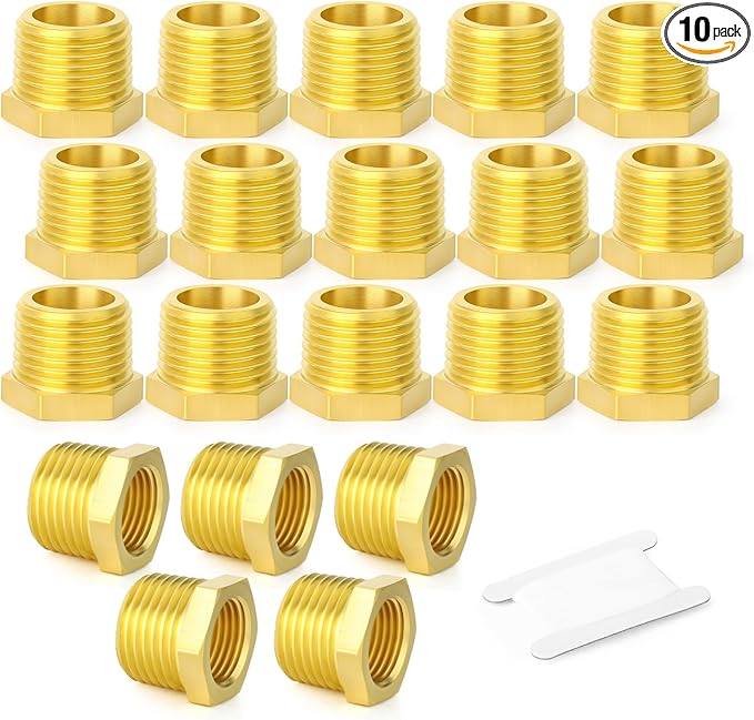 GASHER 10 Pieces Brass Reducer Hex Bushing 3/8" NPT Male x 1/4" NPT Female, Brass Threaded Pipe Fitting