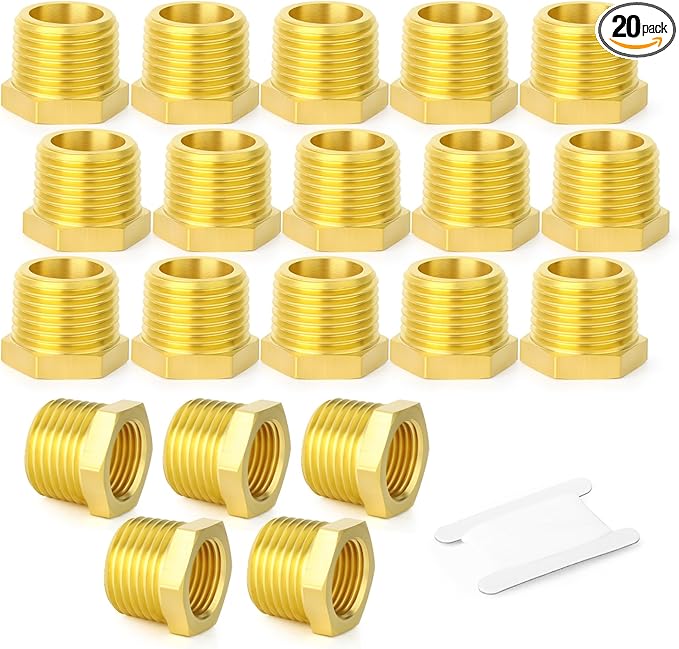 GASHER 20Pcs Brass Reducer Hex Bushing 1/4" NPT Male x 1/8" NPT Female, Brass Threaded Pipe Fitting