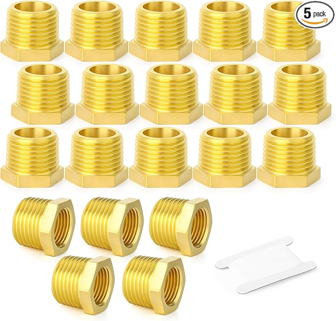 GASHER 5 Pieces Brass Reducer Hex Bushing 3/8" NPT Male x 1/4" NPT Female, Brass Threaded Pipe Fitting