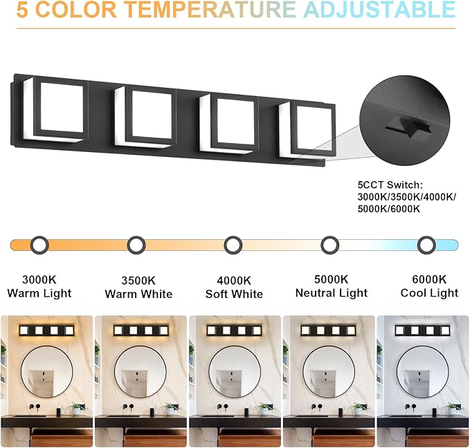 4-Light Bathroom Lighting Fixtures Over Mirror (5CCT, Dimmable), Black Led Modern Vanity Light for Bathroom (3000K/3500K/4000K/5000K/6000K)