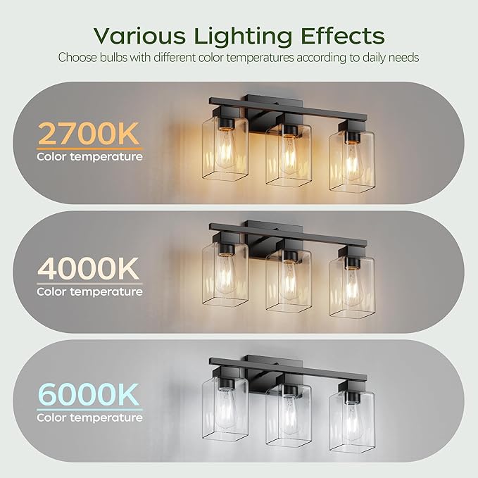 PARTPHONER 3-Light Bathroom Light Fixtures, Matte Black Modern Vanity Lights, Bathroom Lighting Fixtures Over Mirror, Square Design Farmhouse Wall Sconces with Clear Glass Shades