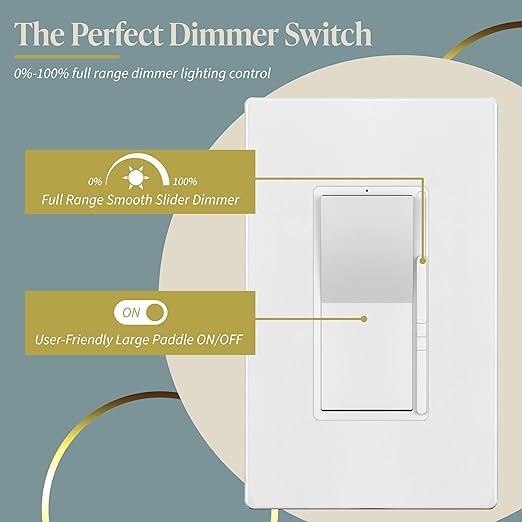 TOPGREENER Dimmer Light Switch, LED Dimmer Switches for 300W Dimmable LED/CFL Lights and 600W INC/HAL Bulbs, Single Pole/3-Way,Neutral Wire Not Required, Wall Plate Included, UL Listed, 2 Pack,White