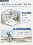 60 Inch low profile ceiling fan, Brushed Nickel Large Ceiling Fan no Lights, 6-Speeds, Quiet Reversible DC Motor, Indoor/Outdoor Ceiling Fans no light for Patios, Living Room, Bedroom