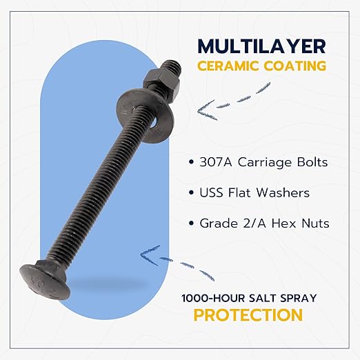 1/2 in. x 6 in. Black Carriage Bolt Kit Includes 12 Bolts, 12 Washers, and 12 Nuts, Ceramic Black Ruspert Coated for Exterior Use - 2X Rust Resistance of Galvanized by Makers Bolt