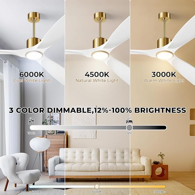 60" White and Gold Ceiling Fan with Lights,Smart Ceiling Fan Work with Alexa/Gg/App/Remote,3-Color Light Dimmable 6-Speed Quiet Reversible DC Motor for Patio Porch Bedroom