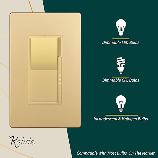 TOPGREENER Kalide Dimmer Light Switch, LED Dimmer Switch, Full Range Dimming, Single Pole/3-Way, 120VAC, 60Hz, 300W LED/CFL, Neutral Wire Not Required, Gold, 1 Pack,Wall Plate Included