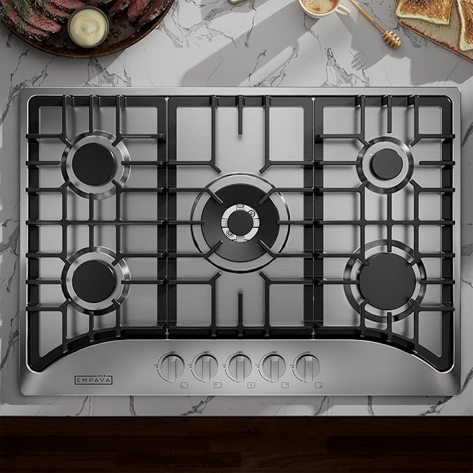 Empava 30 Inch Gas Cooktop with 5 World Class Made in Italy SABAF Burners, LPG/NG Convertible, Ideal RV Top Stoves for Kitchen, Stainless Steel