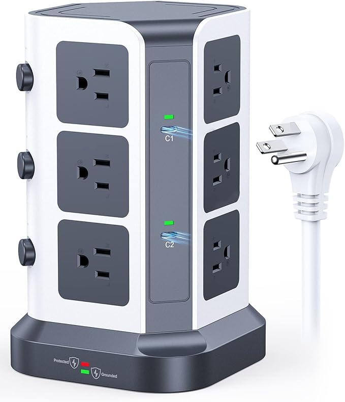 KOOSLA [65W] PD Power Strip Tower Surge Protector, USB C Desktop Charging Station with 12 Widely Spaced AC Outlets / 2 USB-C / 3 USB-A Ports, 6.5ft Heavy-Duty Extension Cord for Home Office Dorm…