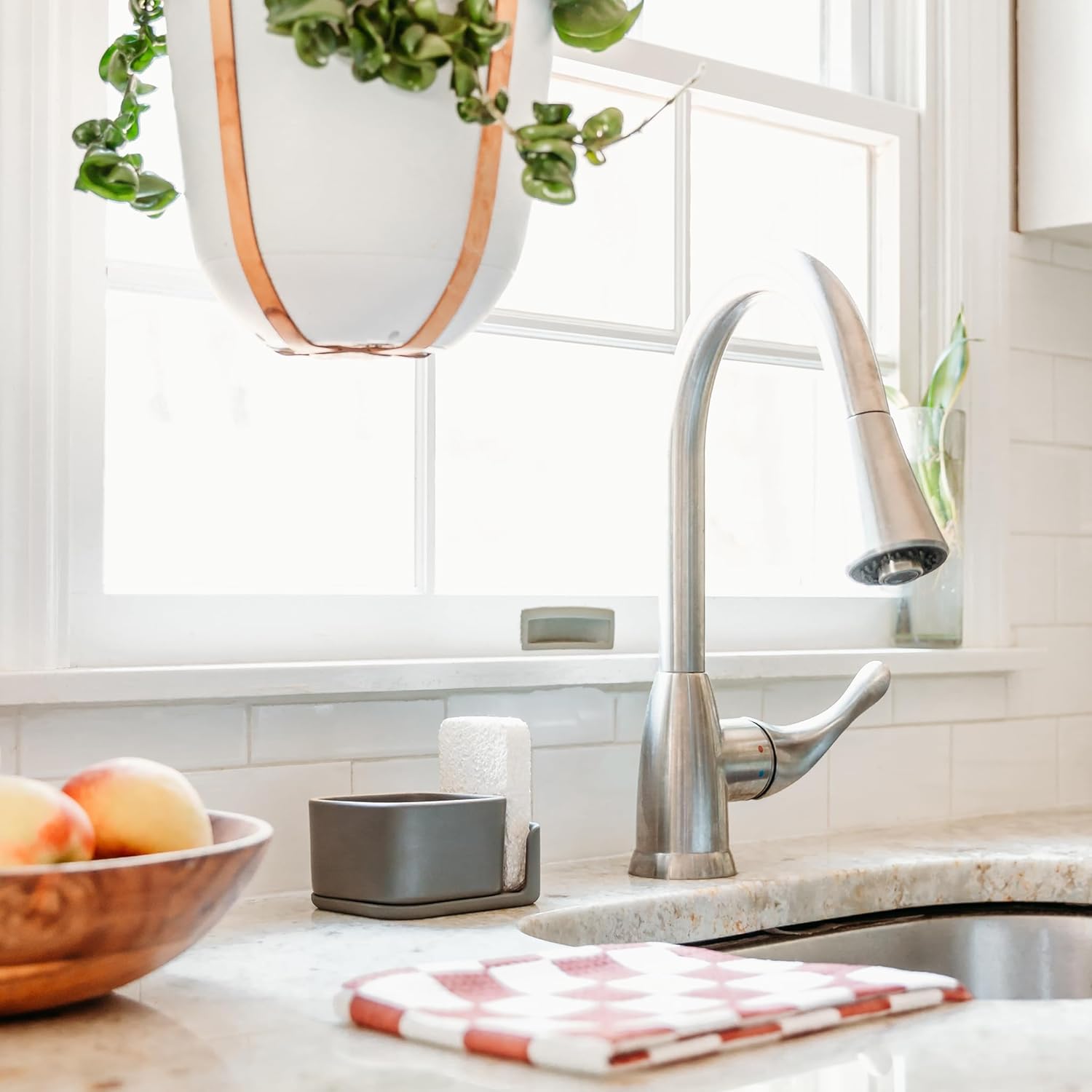 Full Circle Bubble Up Combo—Family Safe, Formaldehyde-Free-Gray Ceramic Soap Dish with Plant-Based Sponge & Bamboo Dish Brush-Versatile Kitchen Scrub Brush Set for Pots, Pans,Counter & Sink,Gray