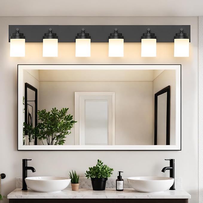IZORRO Bathroom Vanity Light Fixture, 6-Light 43 Inch Matte Black Bathroom Light Fixtures Over Mirror, with White Glass Shade, Modern Farmhouse Vanity Lights, Rustic Restroom Lighting Fixtures