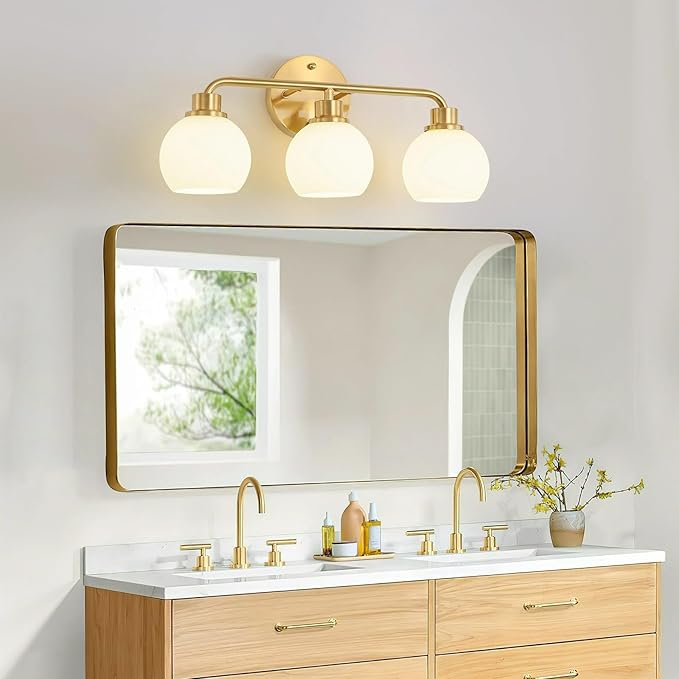 Bathroom Light Fixtures Gold Vanity Light 3 Light Wall Sconces Lighting Brushed Brass Lights with Milk Globe Glass Shades Bath Wall Lamp for Mirror Kitchen Living Room Bedroom Hallway
