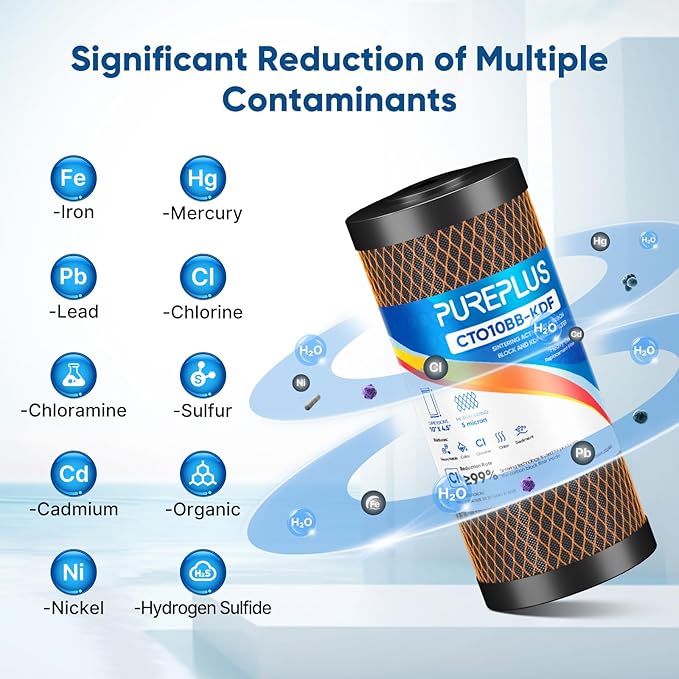 PUREPLUS 5 Micron 10" x 4.5" Whole House Coconut Shell Activated Carbon and KDF Water Filter, Heavy Metal Removal Replacement Water Filter, Compatible with GXWH40L, GXWH35F, BB10, CTO10BB-KDF, 3 PACK
