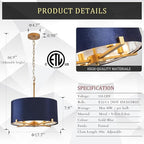 Drum Chandelier,18” Blue and Gold Round Ceiling Pendant Light Fixture Velvet Fabric Shade 4 Lights Modern Semi Flush Mount Hanging Chandelier for Dining Room Foyer Hallway