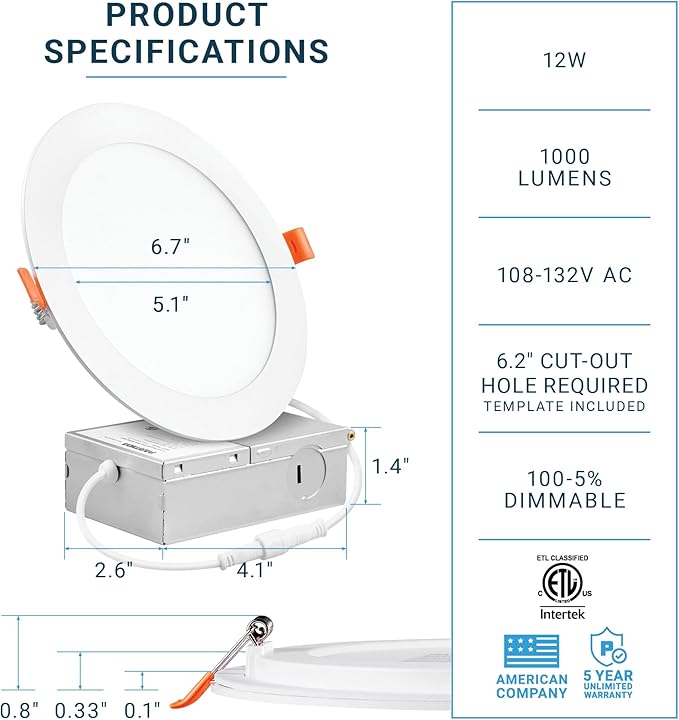 PARMIDA (12 Pack) 6 Inch Ultra-Thin LED Recessed Ceiling Light with Junction Box, 12W, Dimmable Canless Wafer Slim Panel Downlight, IC Rated, ETL-Listed - 3000K