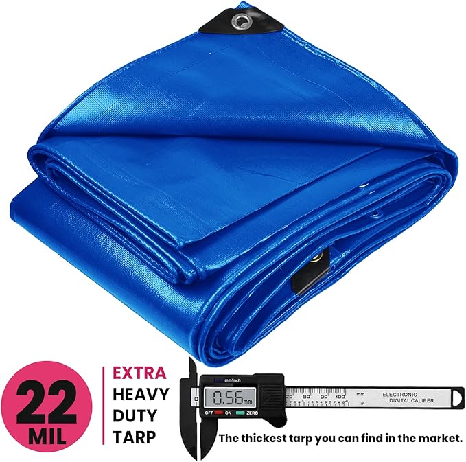 PROTARP Extreme Heavy Duty 22 Mil Tarp Cover, Waterproof, UV Resistant, Rip and Tear Proof, Poly Tarpaulin with Reinforced Edges for Roof, Camping, Patio, Pool, Boat. (Blue 12′ X 20′)