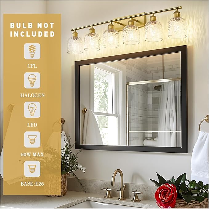 zeyu 42.2'' Modern Bathroom Gold Light Fixture, 6 Light Bathroom Lighting Fixtures Over Mirror Bedroom, Brushed Gold Finish with Clear Hammered Glass, ZJF63B-6W BG