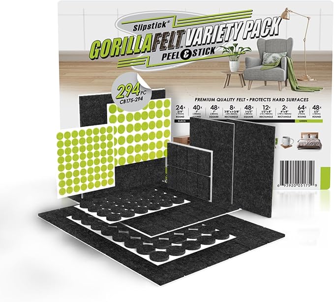 Slipstick Gorilla Felt Furniture Pads (294 Piece Variety Pack) Premium Furniture Pads & Chair Leg Floor Protectors for Hardwood Floors & Hard Surfaces
