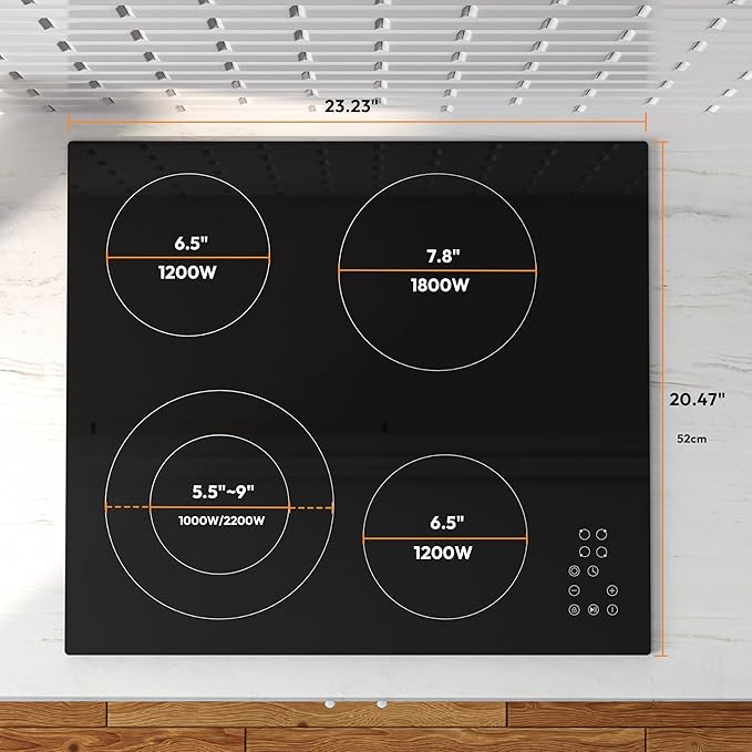 Empava 24 Inch Electric Cooktop 4 Burners with Dual-Ring Zone, Timer, Child Lock, Stop & Go, Built-in Ceramic Glass, 208~240V Hardwired