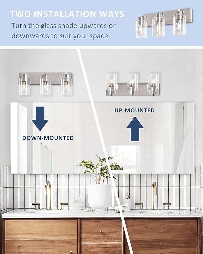 3-Light Bathroom Vanity Light Fixtures,Modern Wall Sconces,Bathroom Lights Over Mirror,Wall Mounted Lamp for Kitchen Living Room Bedroom Hallway,Brushed Nickel Finish with Clear Glass Shade