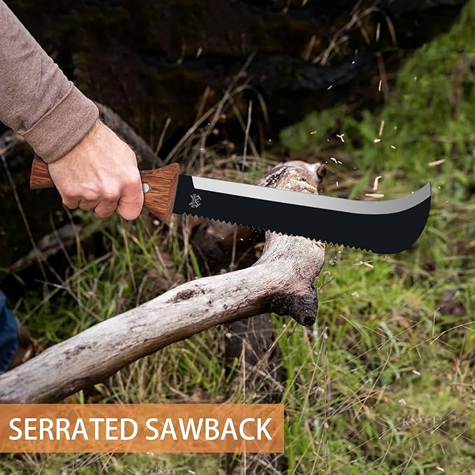Billhook Sickle Machetes with Saw, Sharp Machete with No-Slip Wood Handle and Nylon Sheath, Sickle Survival Knife Machete for Gardening, Camping, Hunting, Survival, Bushcraft and Yard Work