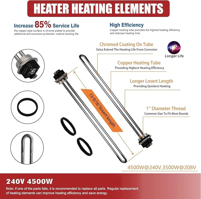 Water Heater Element, 4500W 240V, 2PCs Pack, Screw-in Type, High Watt Density, Chrome Coated Copper, fits most models of Dual Element Eletrical Water Heaters, 2PC4500W_EWH