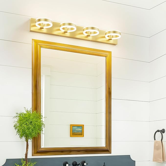 LED Bathroom Light Fixtures, 33inch Gold Vanity Lights, Modern 4 Light Acrylic Wall Sconces, 350° Rotatable Wall Lighting Fixture Over Mirror