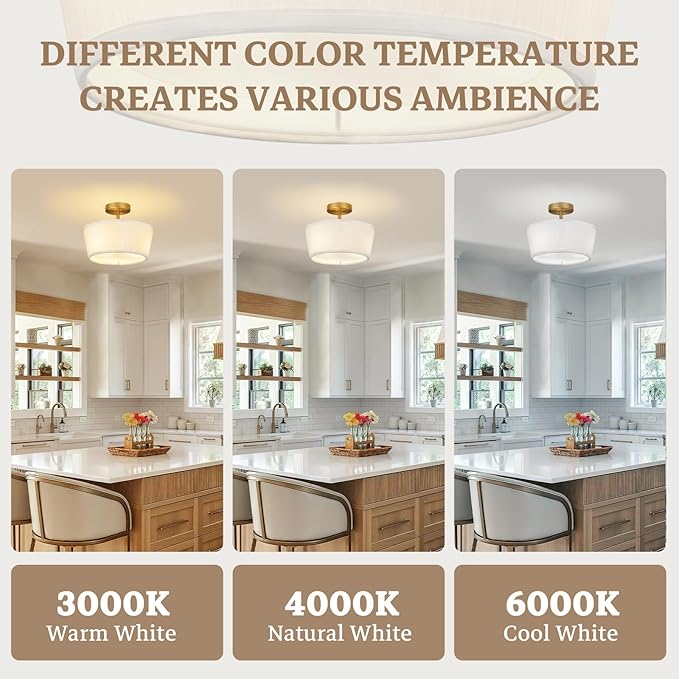 Gold Semi Flush Mount Ceiling Light Fixture,3-Light Ceiling Mount Drum Light Fixture with White Fabric Shade,12.6inch Modern Close to Ceiling Lamps for Living Room, Bedroom, Dining Room,Hallway