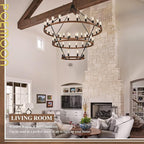 Extra Large 63'' Wooden Wagon Wheel Chandelier Farmhouse 3 Tier 48 Lights Black Rustic Round Wood Pendant Light Fixture for High Ceiling Living Dining Room Foyer Villa Staircases