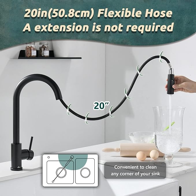 APPASO Kitchen Faucet with Pull Down Matte Black, Single-Handle High Arc Swan-Neck Modern Kitchen Sink Faucet with Optional Deck Plate Stainless Steel