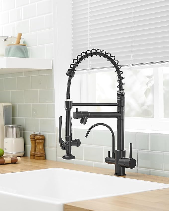 Fapully Commercial 3 Way Kitchen Faucets with Pull Down Sprayer and Water Filler,3 in 1 Kitchen Sink Faucet with Drinking Water Faucet Matte Black