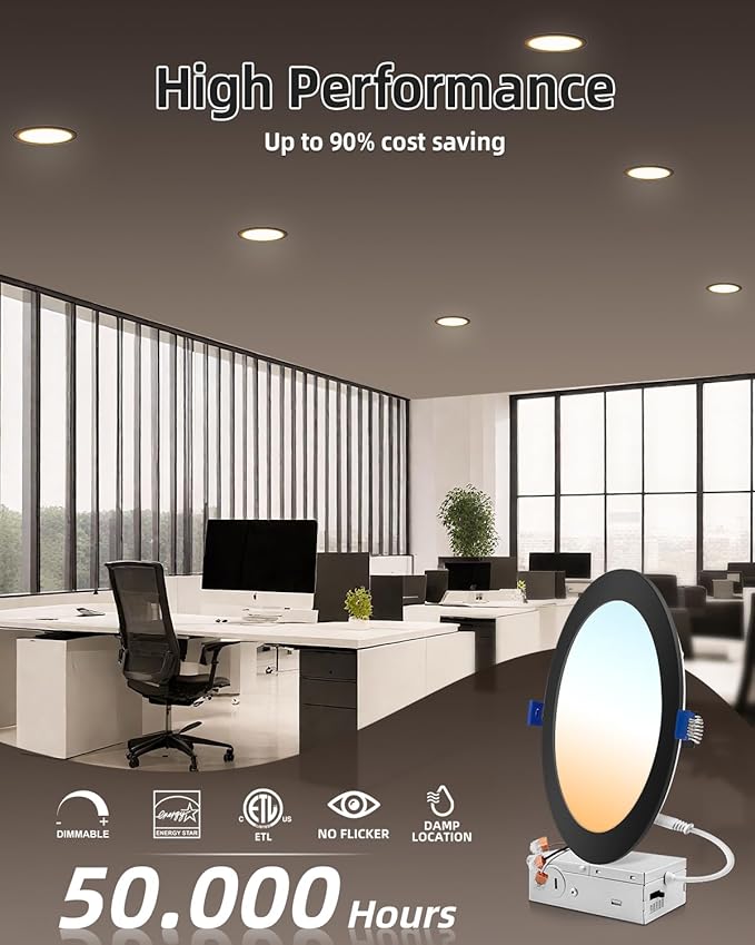 zouzai 8 Inch Black 18W Eqv 150W 1685LM 5CCT Ultra-Thin LED Recessed Ceiling Light with Junction Box 2700K/3000K/3500K/4000K/5000K Selectable, Dimmable ETL and Energy Star Certified【6 Pack 】