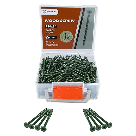 Wood Screws 3 inch, 300pcs Countersunk Self Tapping Screws #10x3, Carbon Steel, Against Rust and Corrosion Screw, Green Coated Exterior Wood/Deck Screws, Star Drive with Bit