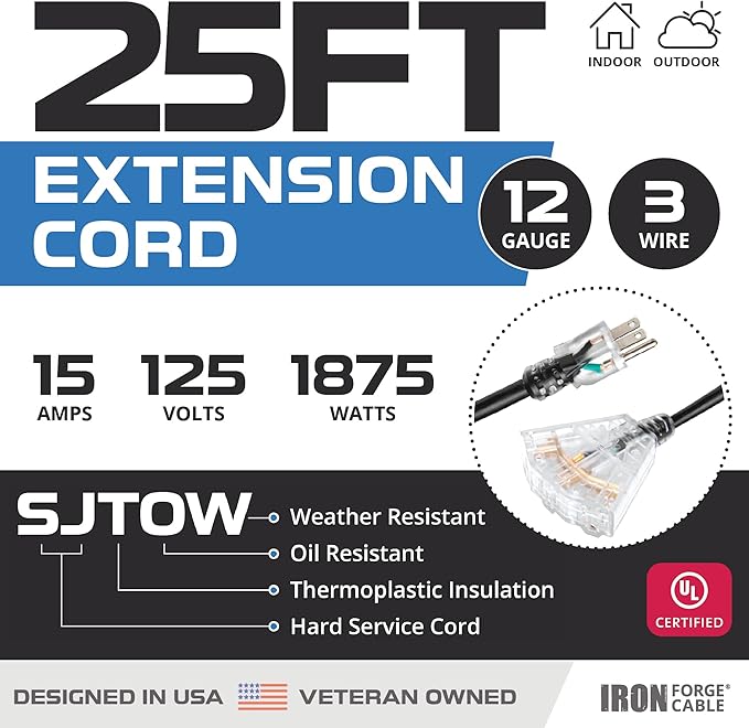 Iron Forge Cable 12 Gauge Extension Cord with Multiple Outlets - Black Heavy Duty Extension Cord 25 ft - 12/3 SJTOW, 3 Prong Lighted Outlet Cords