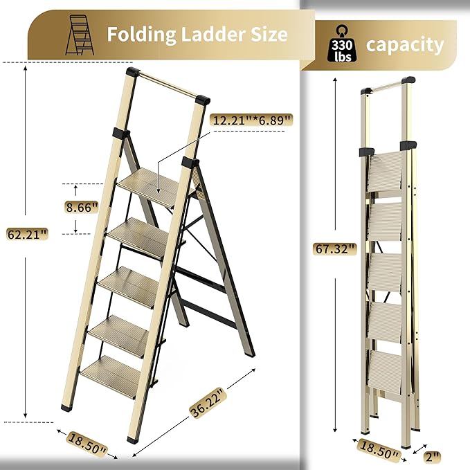 5 Step Ladder Adult Portable Folding Step Stool, Folding Aluminum Step Ladder with Double Padded Treads, Step Ladder with Handle for Home, Kitchen, Outdoor, 330 lb - Champagne Gold