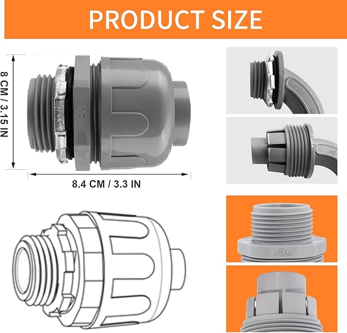 10Pack 2" Liquid Tight Connector PVC Electrical Conduit Fittings Straight 180 Degree Flexible Conduit Connector for Home Kitchen Bathroom Tube Tool Supplies,UL Listed
