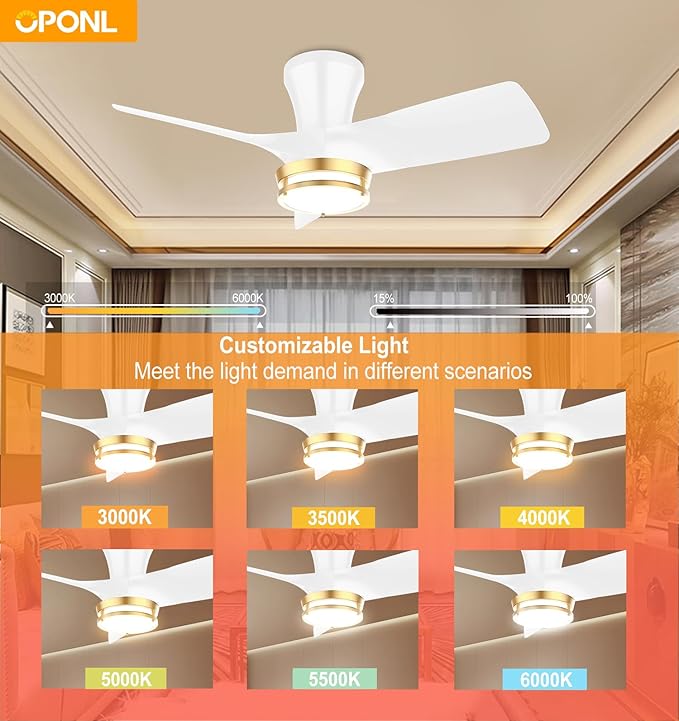30" White low profile Ceiling Fan with Light, with Gold Trim Ring, Large Air Volume, flush mount ceiling fan for Bedroom Kitchen Dining room Patio