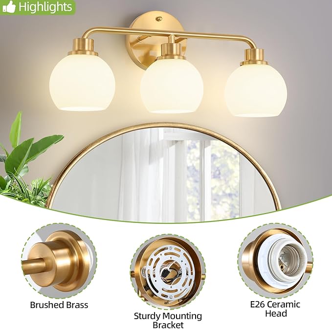 Bathroom Light Fixtures Gold Vanity Light 3 Light Wall Sconces Lighting Brushed Brass Lights with Milk Globe Glass Shades Bath Wall Lamp for Mirror Kitchen Living Room Bedroom Hallway