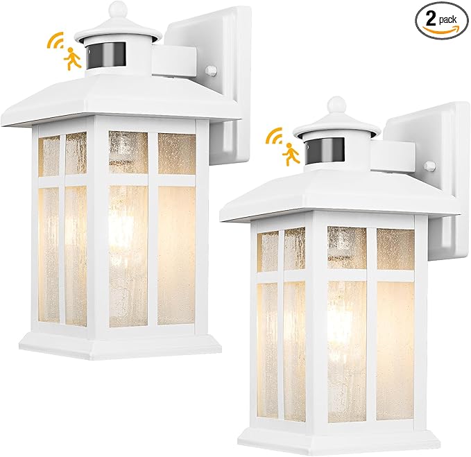 2 Packs Motion Sensor Outdoor Lights, Outside Light Fixtures for House White, Porch Lights Outdoor 2- Pack with E26 Sockets & Tempered Glass, Waterproof Exterior Wall Lights Motion Sensor