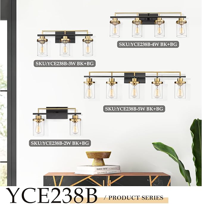 Emliviar 36 Inch 5-Light Bathroom Light Fixtures with Clear Glass Shade, Modern Vanity Lights Over Mirror for Bathroom, Bedroom, Hallway, Black and Gold Finish, YCE238B-5W BK+BG