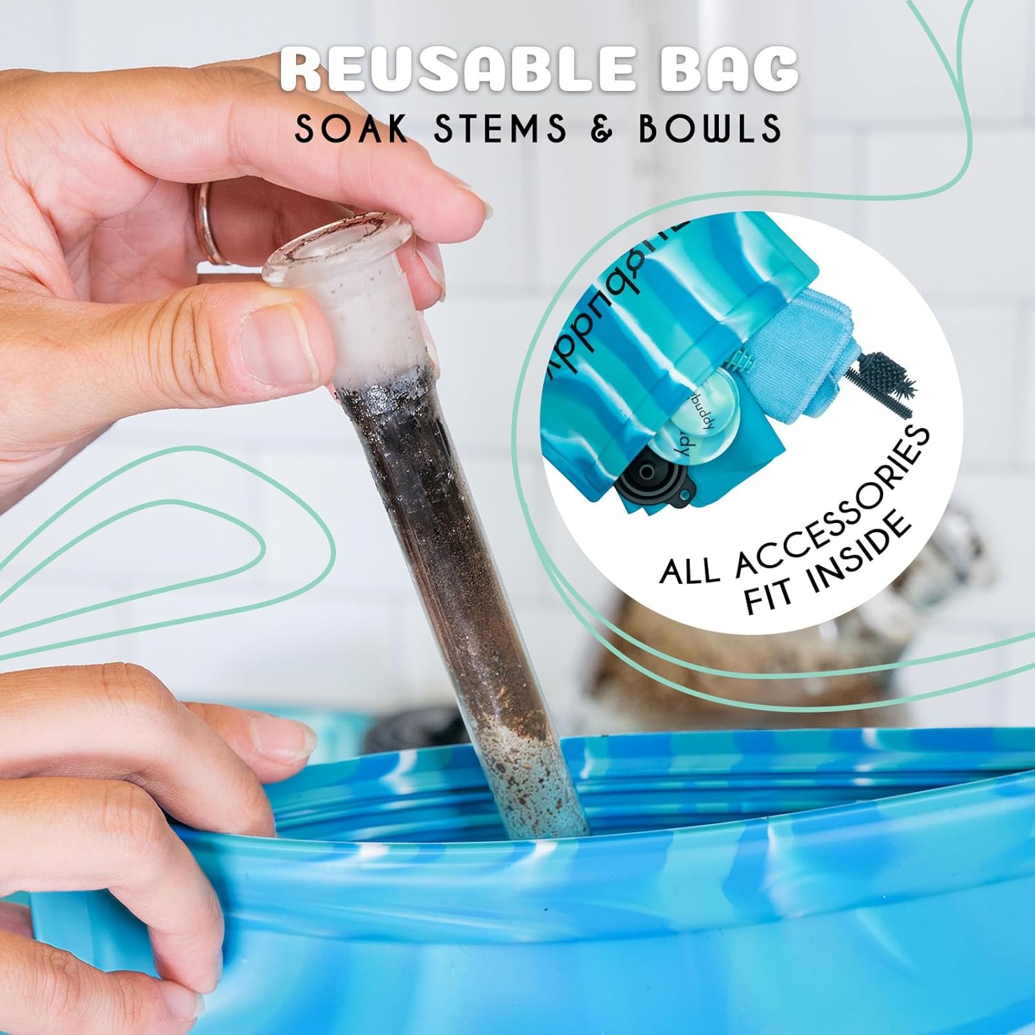 Glass Cleaning Kit - Reusable Silicone Accessories - Complete Kit to Clean your Piece, Just Add Cleaner - Reusable Soaker Bag, Brushes, Mat, Caps & Plugs, Funnel, & Microfiber Towel