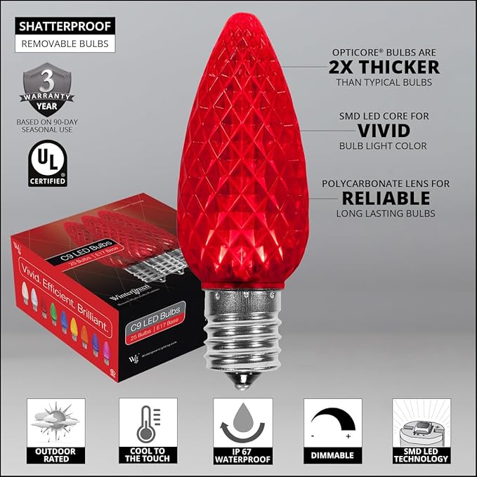 Wintergreen Lighting 25 Pack OptiCore LED Red C9 Christmas Light Bulbs - Shatterproof Valentine Lights E17 Base, Heavy Duty Polycarbonate LED Replacement Bulbs (Faceted)