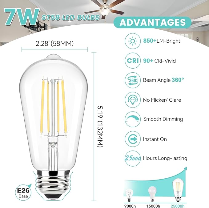 Brightever Dimmable LED Light Bulbs 60W Equivalent, 4000K Neutral White Edison Light Bulb, 7W, 850LM Vintage E26 Base Bulb, 90+CRI, ST58 Clear Glass Antique LED Filament Bulbs for Bathroom, 6-Pack
