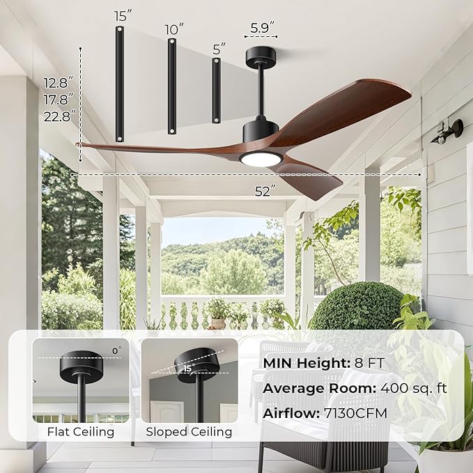 52" Smart Ceiling Fan with Lights,Outdoor Ceiling Fan Work with Alexa/Gg/App/Remote,3-Color Light Dimmable 6-Speed Quiet Reversible for Patio Porch Living Room,Dark Walnut