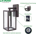 LIT-PaTH Outdoor Wall Lantern, Wall Sconce as Porch Lighting Fixture, E26 Medium Base Max 60W, Anti-Rust Metal with Glass Shade, Oil Rubbed Bronze Finish, 1-Pack